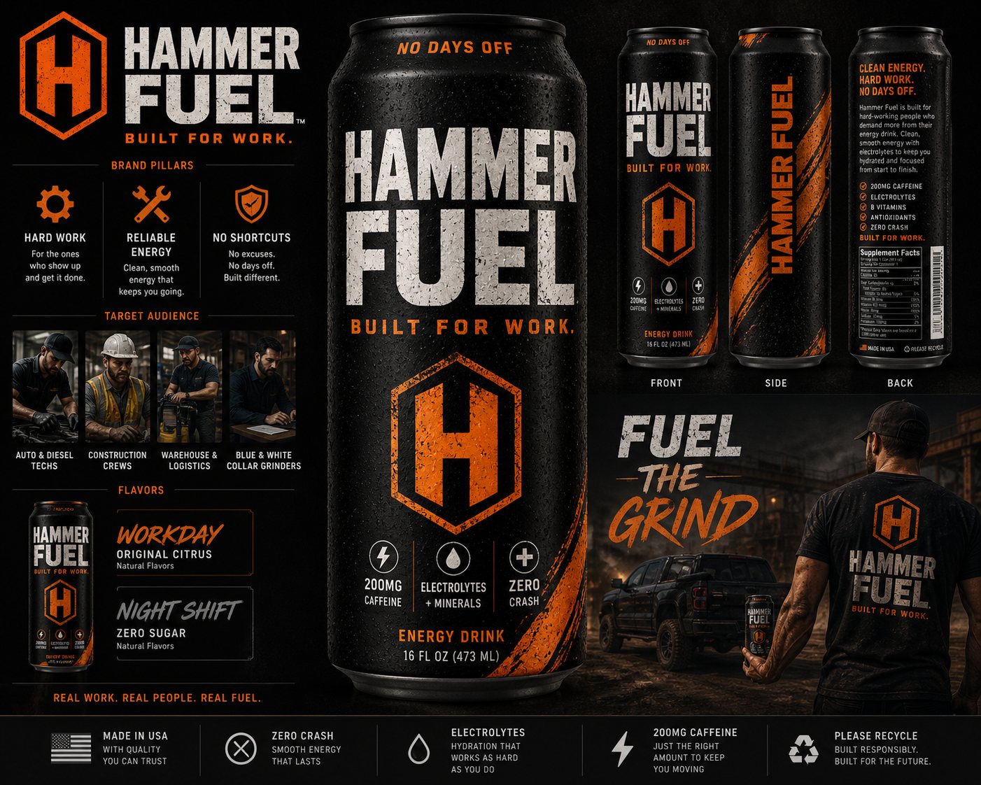 Hammer Fuel energy drink can — front, side, and back views